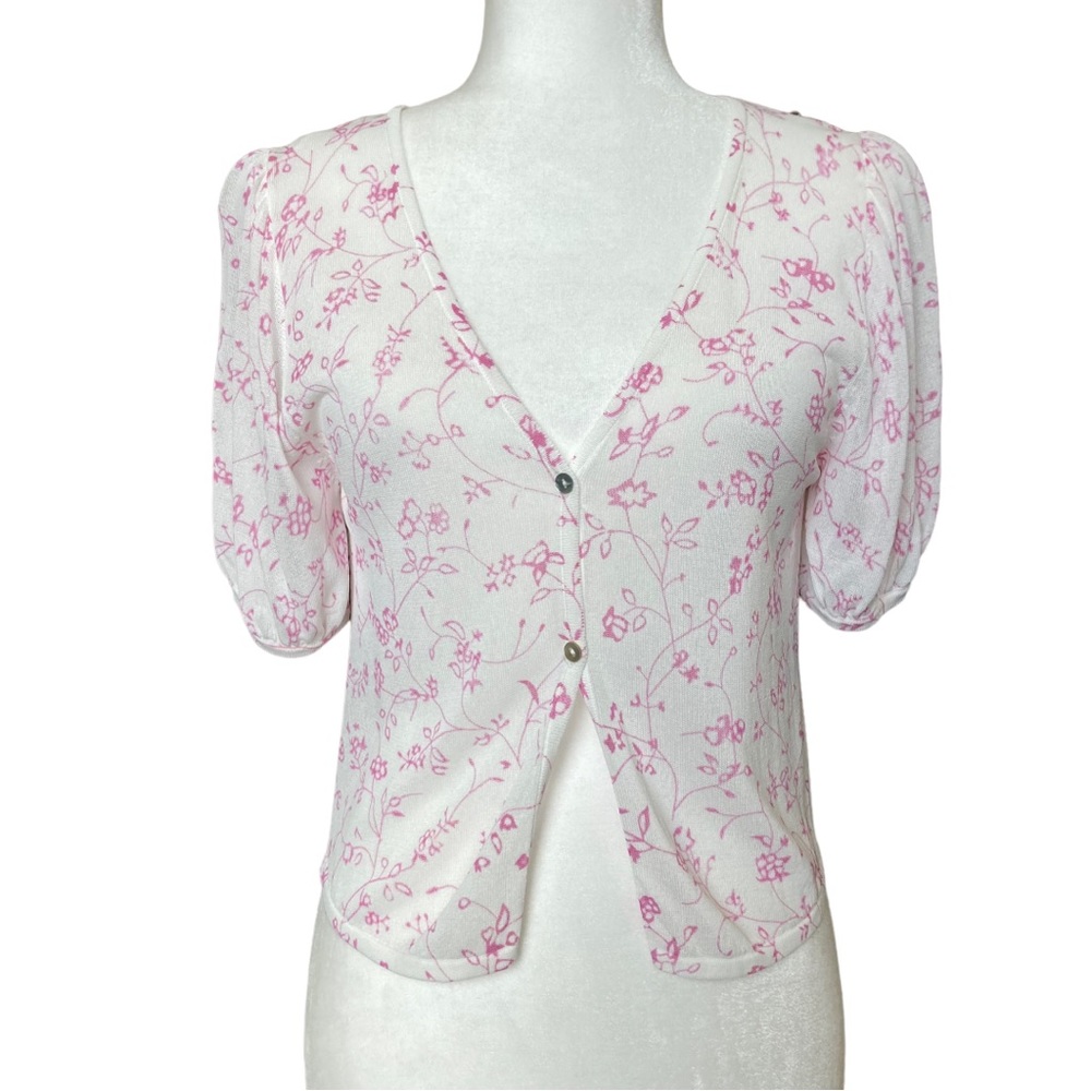 NWT Zara Women's puff short sleeve white floral open front cardigan, Sz L